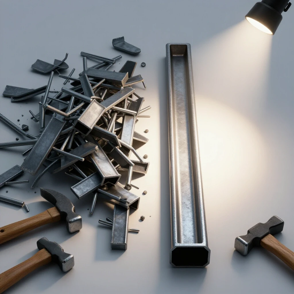 A split image showing a warped steel bar and the same bar perfectly straightened under spotlight, emphasizing metal correction techniques.