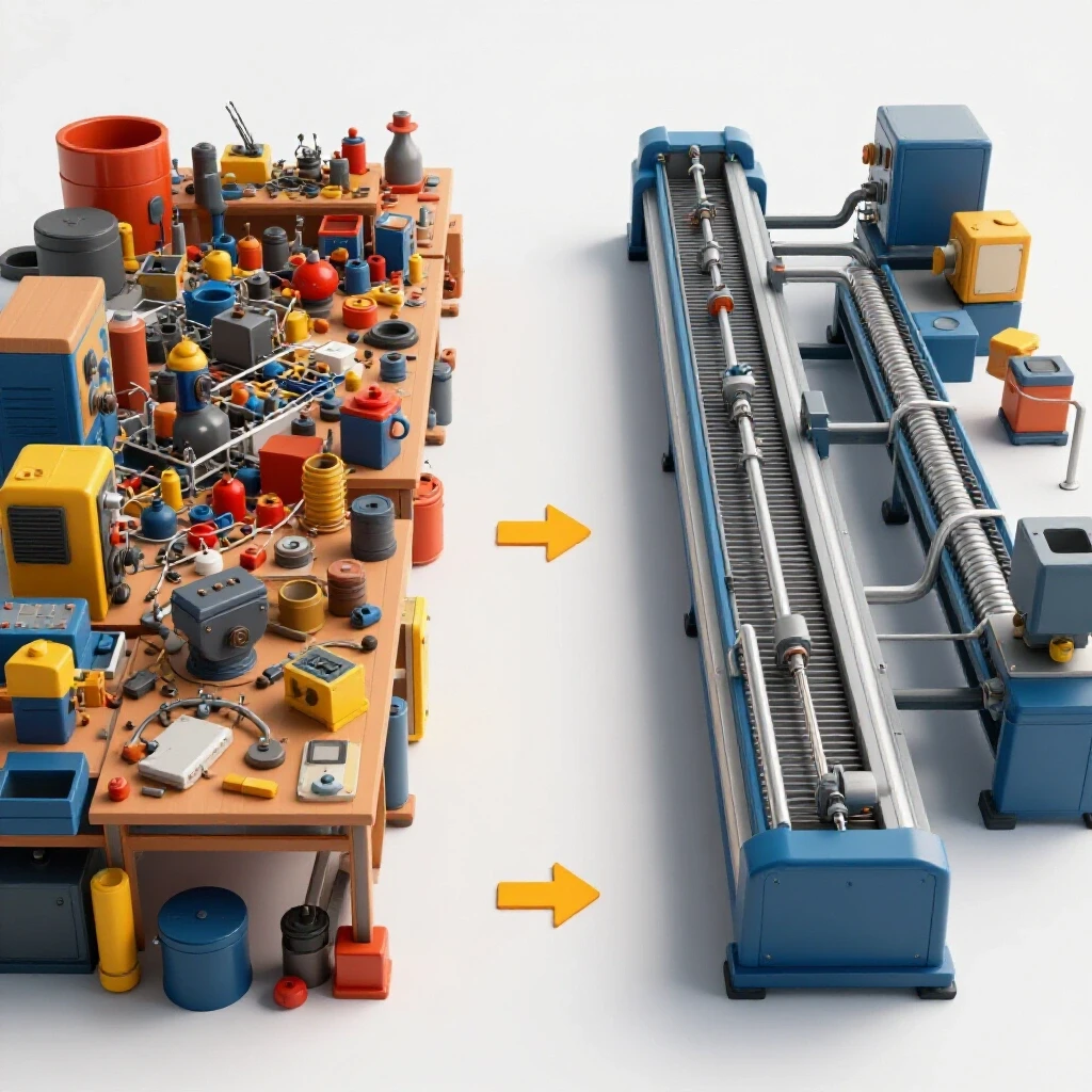 A dynamic 3D composition showing a transition from a cluttered workshop to an organized fabrication layout.