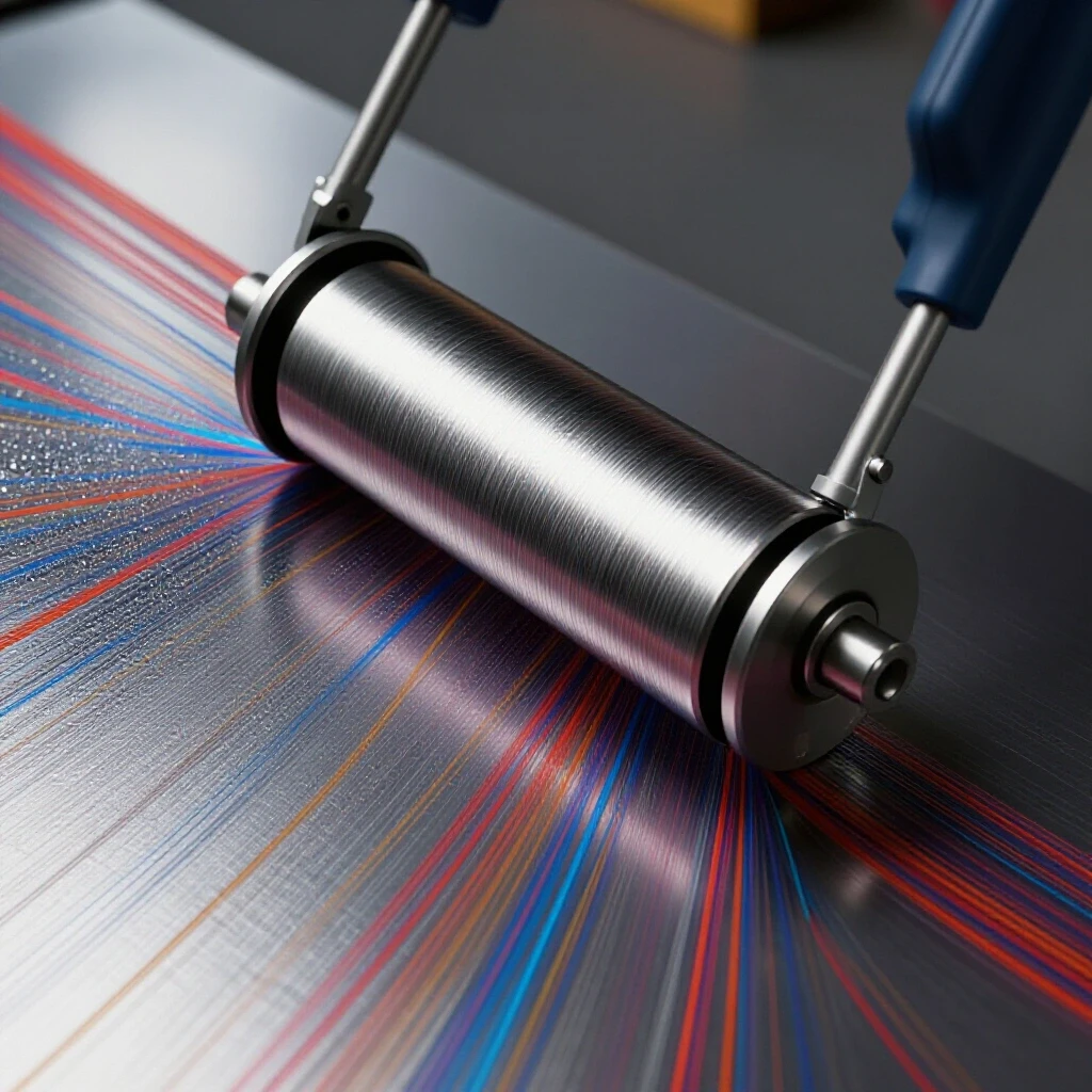 Close-up of a bead roller forming beads on shiny sheet metal, emphasizing strength and precision in metalworking.
