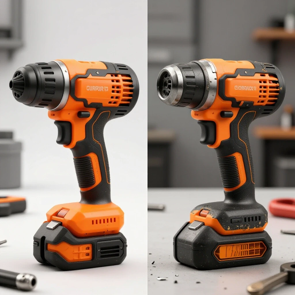 A visual comparison of a new and worn budget power tool in a workshop setting, highlighting durability.