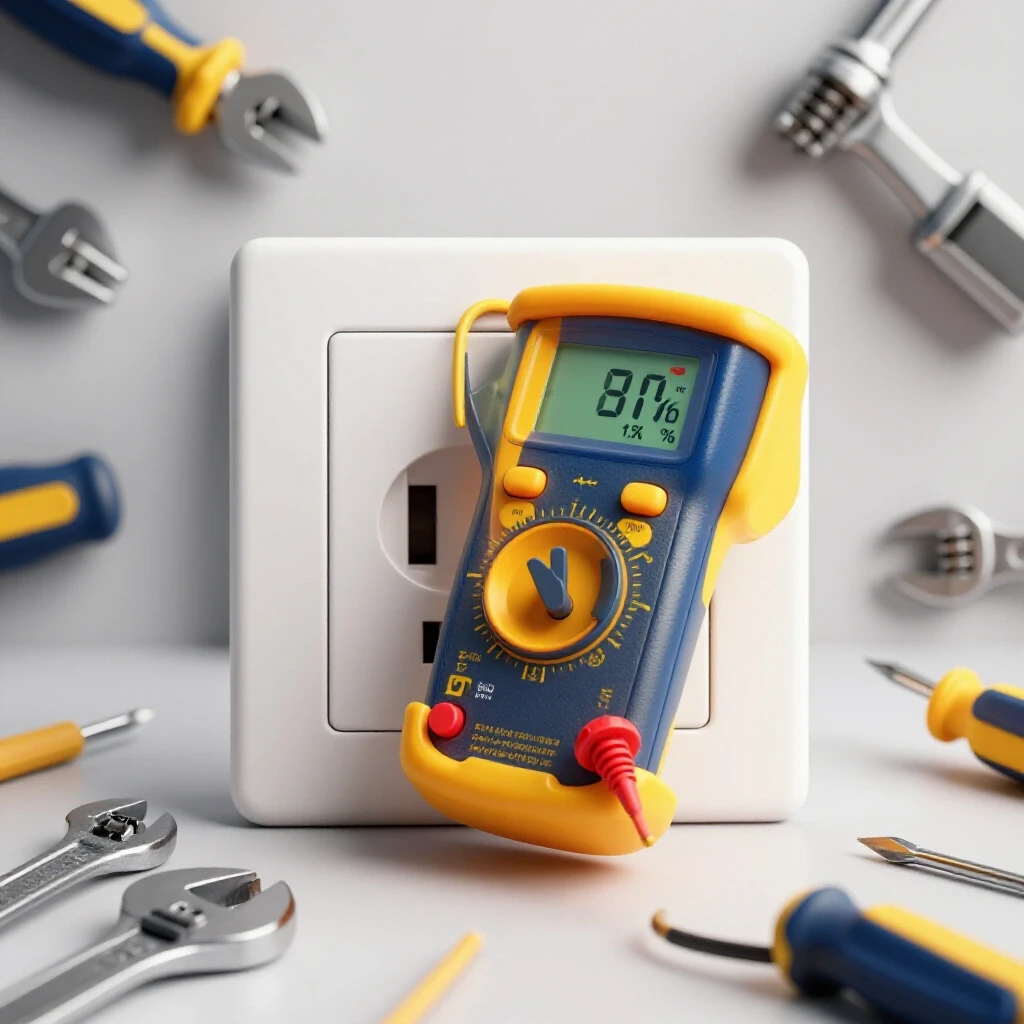 Close-up of a grounded electrical outlet with multimeter showing fault indicator, surrounded by workshop tools highlighting safety in metalworking.