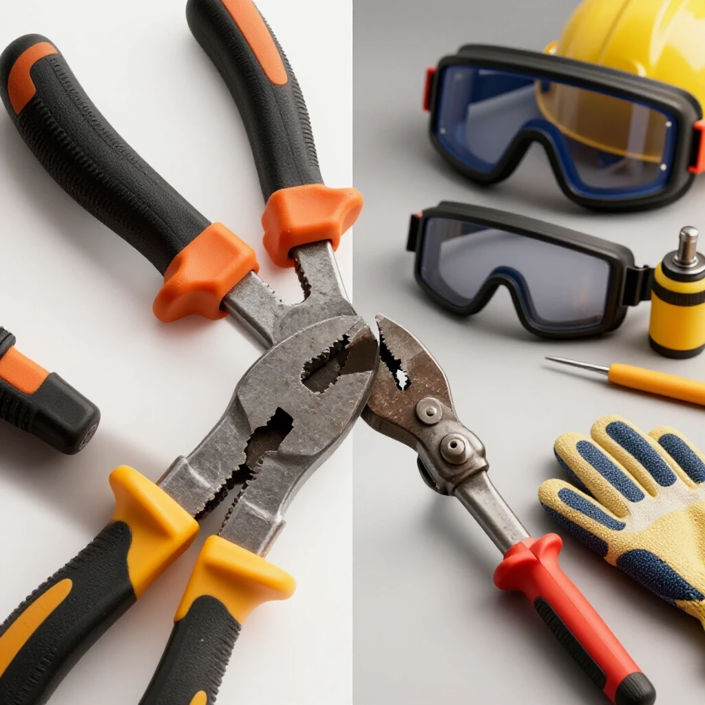 Close-up of a worn budget hand tool paired with safety gear in an organized workshop setting.