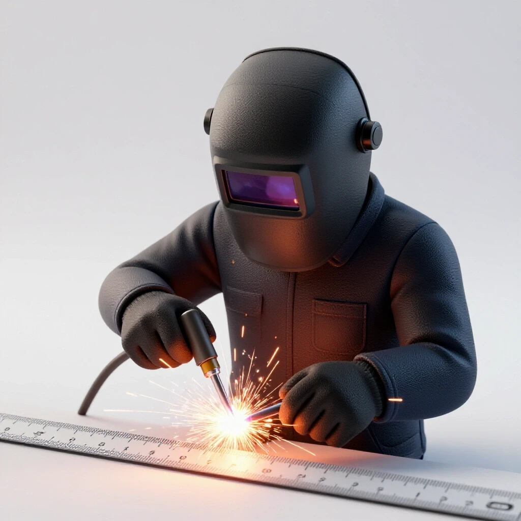 A welder in motion creating sparks, with a measuring tape in the foreground showcasing precision in welding tasks.
