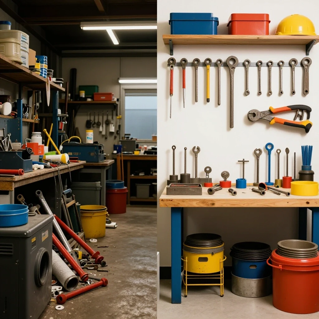 A split image showing a cluttered welding shop on one side and an organized workspace on the other, contrasting chaos and efficiency.