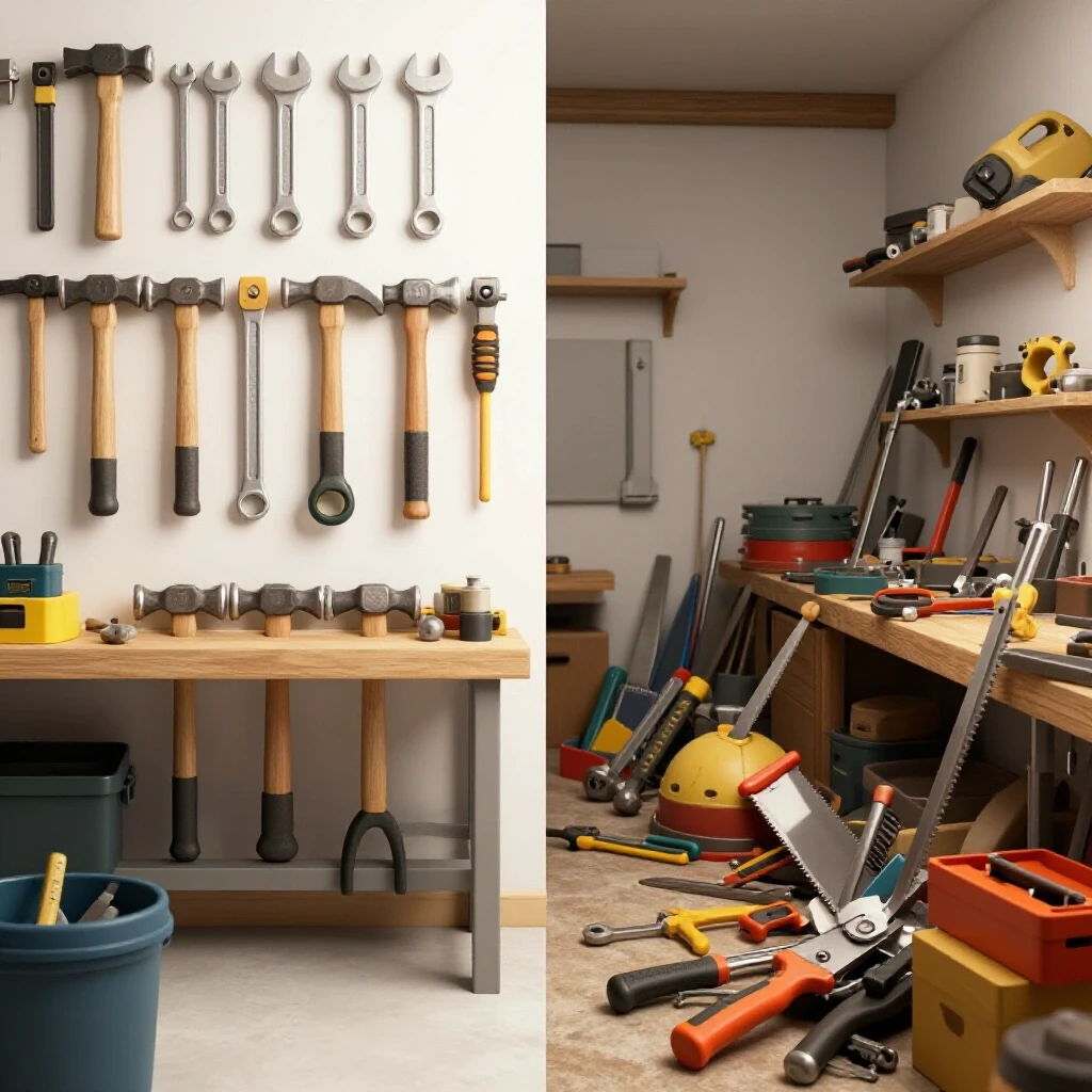 A split image of a workshop, one side organized with tools and the other chaotic, representing equipment amortization.