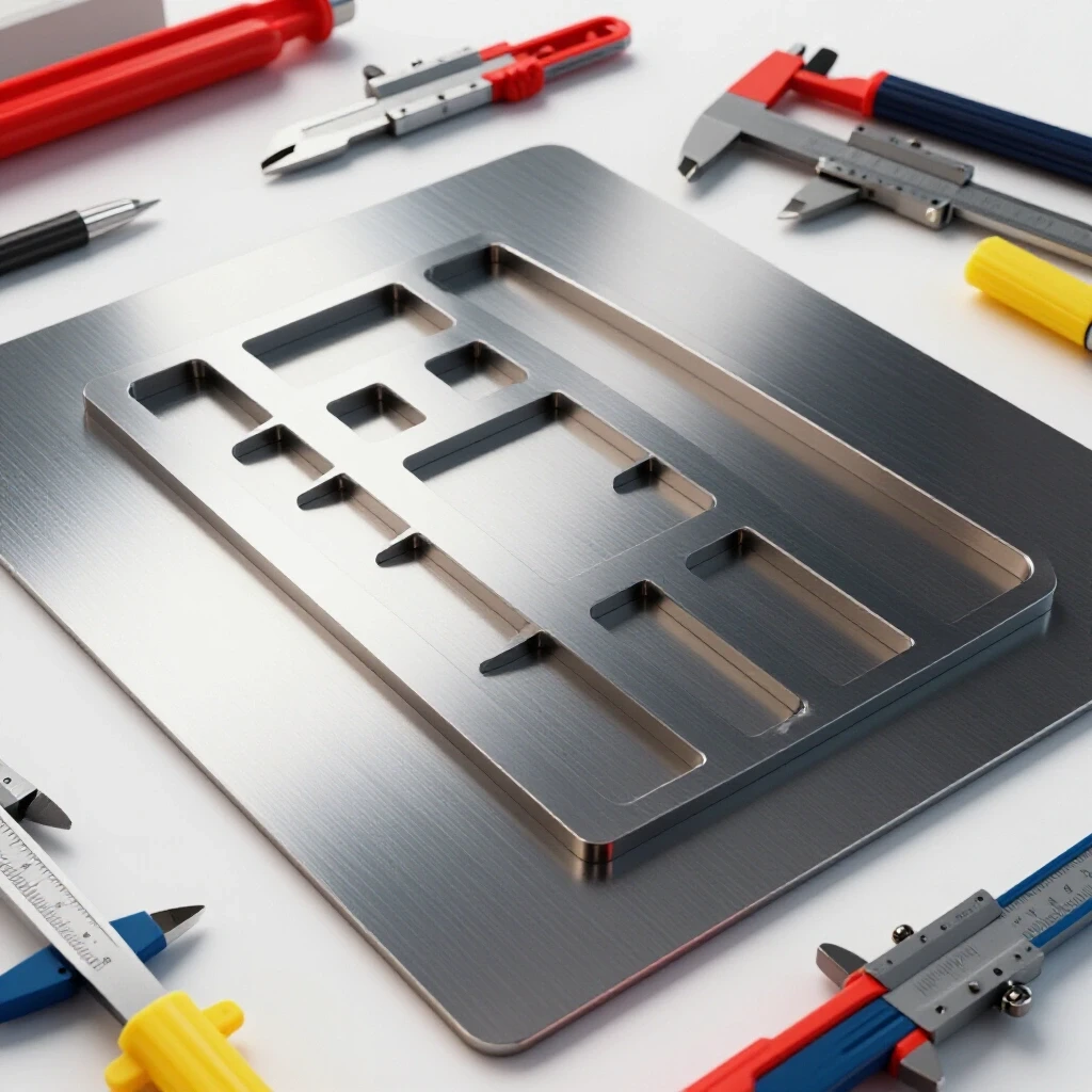 Close-up view of a metallic template over a shiny metal sheet, surrounded by vivid tools for precision work.
