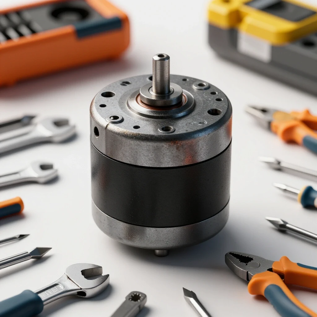 A distressed CNC stepper motor depicting wear, centered in a bright workspace with organized DIY tools surrounding it.