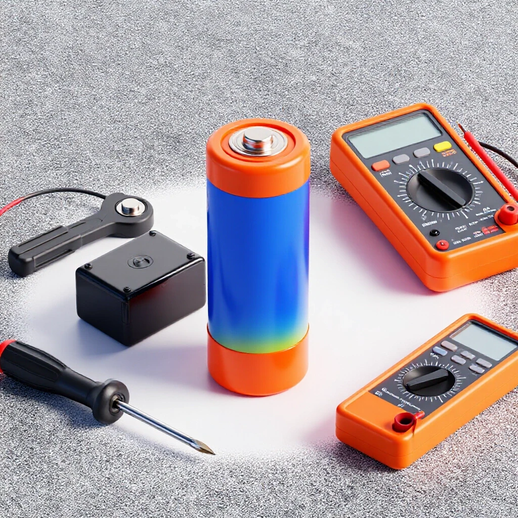 A vibrant lithium battery juxtaposed with a dull one, surrounded by tools like a multimeter and screwdriver, emphasizing troubleshooting.