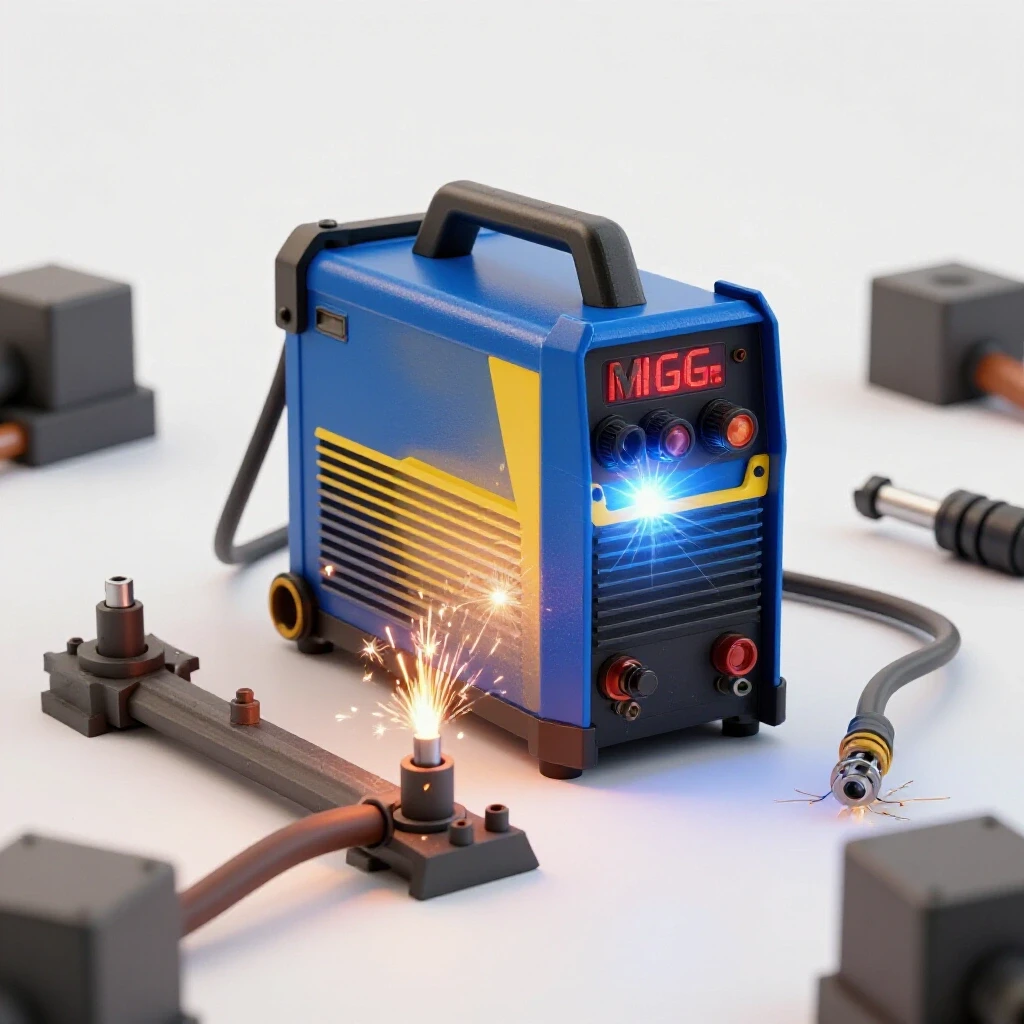 Vibrant MIG welder contrasted with chaotic grounding setup, illustrating effective troubleshooting techniques.
