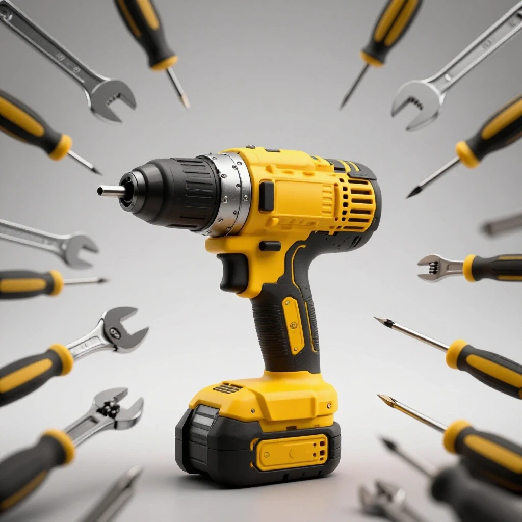 A large power tool partially disassembled, showcasing its inner workings, with wrenches and screwdrivers arranged around it.