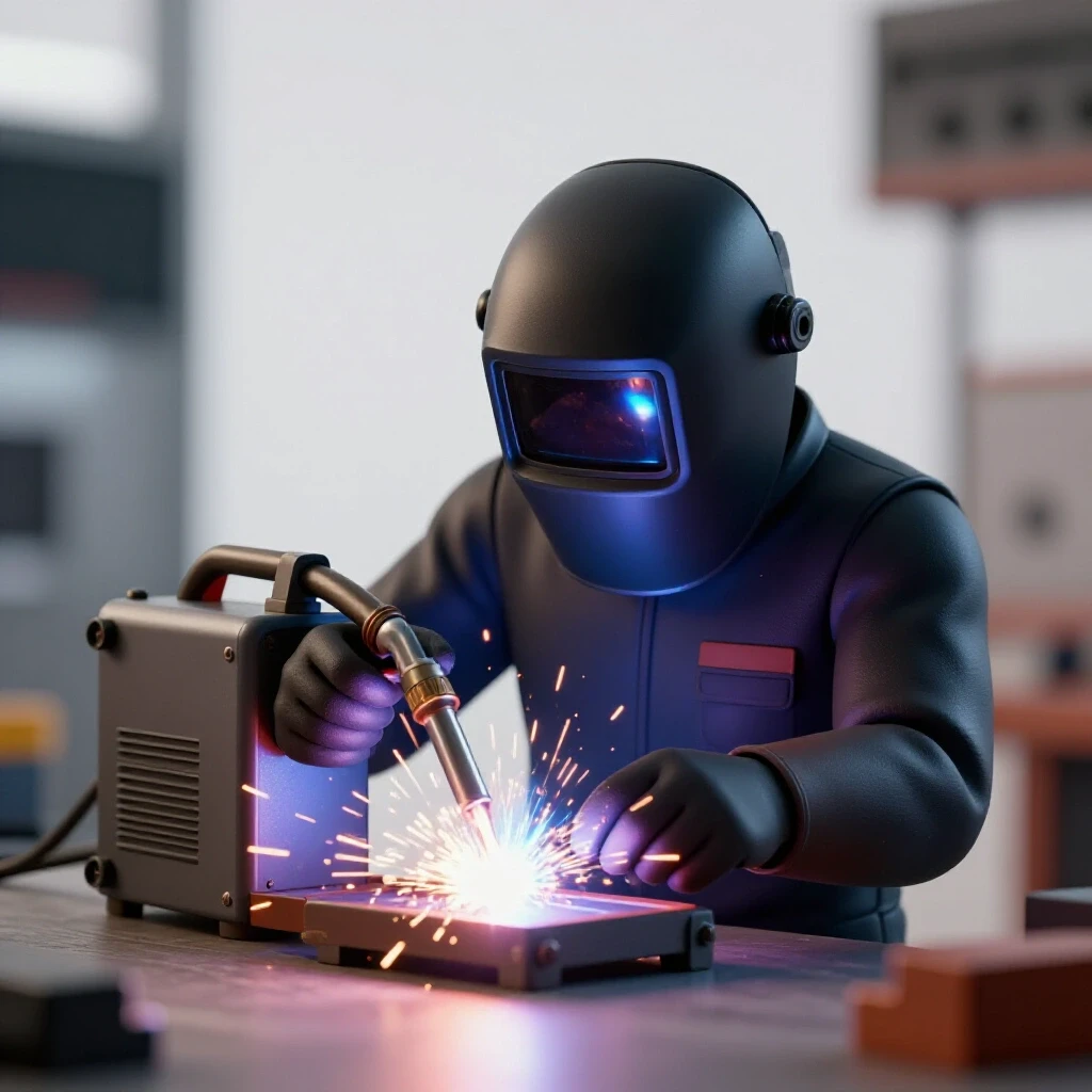 Close-up of a welder's hand adjusting a welding machine with a bright arc and chaotic sparks in the background.