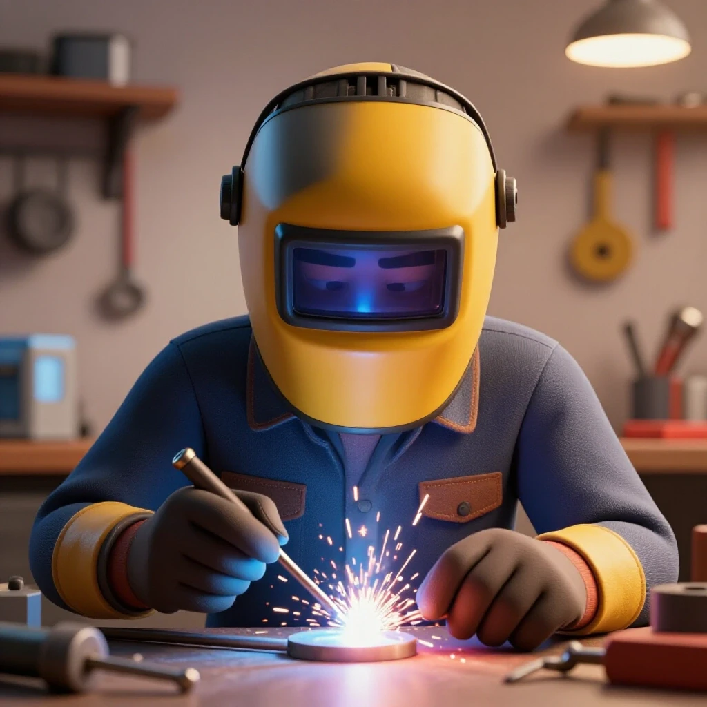 Focused welder in a bright workshop with tools and sparks, representing DIY troubleshooting challenges.