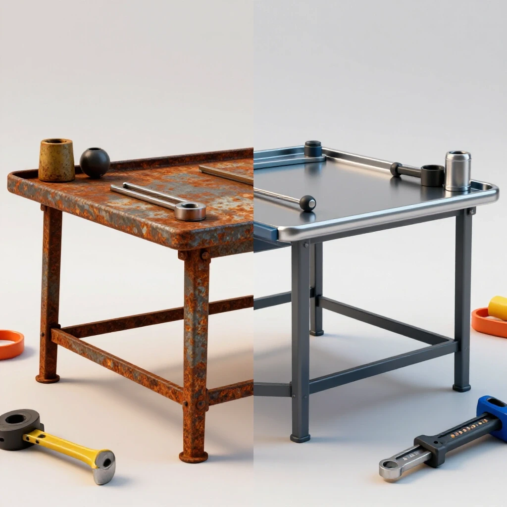 Before-and-after visual of a rusty steel workbench transformed into a polished upgrade, showcasing craftsmanship.