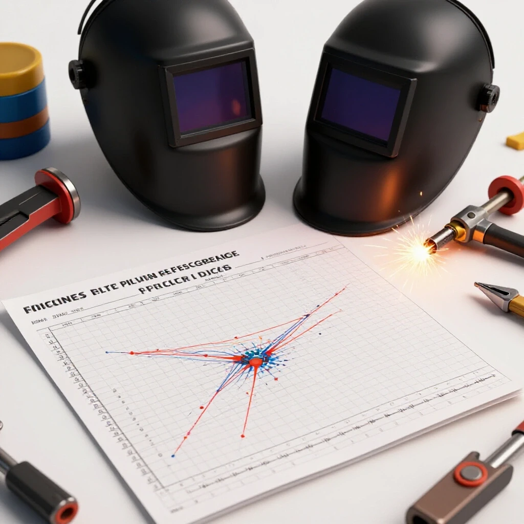 Welding position reference chart surrounded by tools, sparks, and helmet, highlighting DIY welding techniques.
