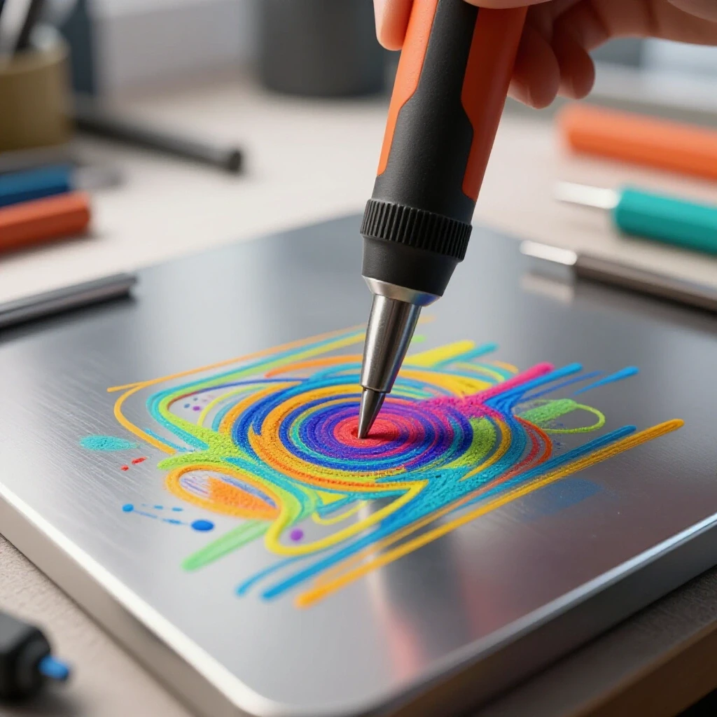 Close-up of metal surface marked with vibrant layout dye and scribing tool in a blurred workshop environment.