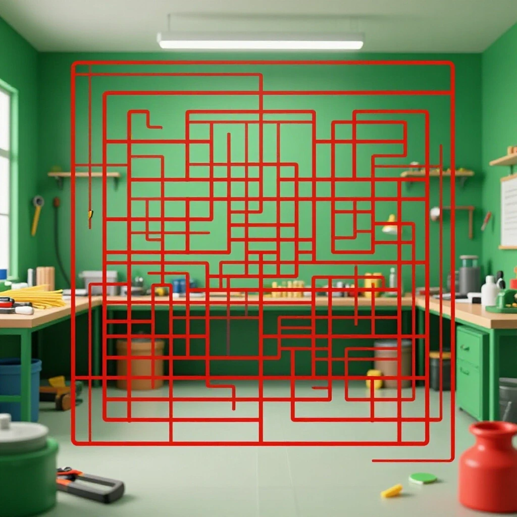 A vibrant spaghetti diagram over a cluttered workshop, illustrating the transition from chaos to efficiency.