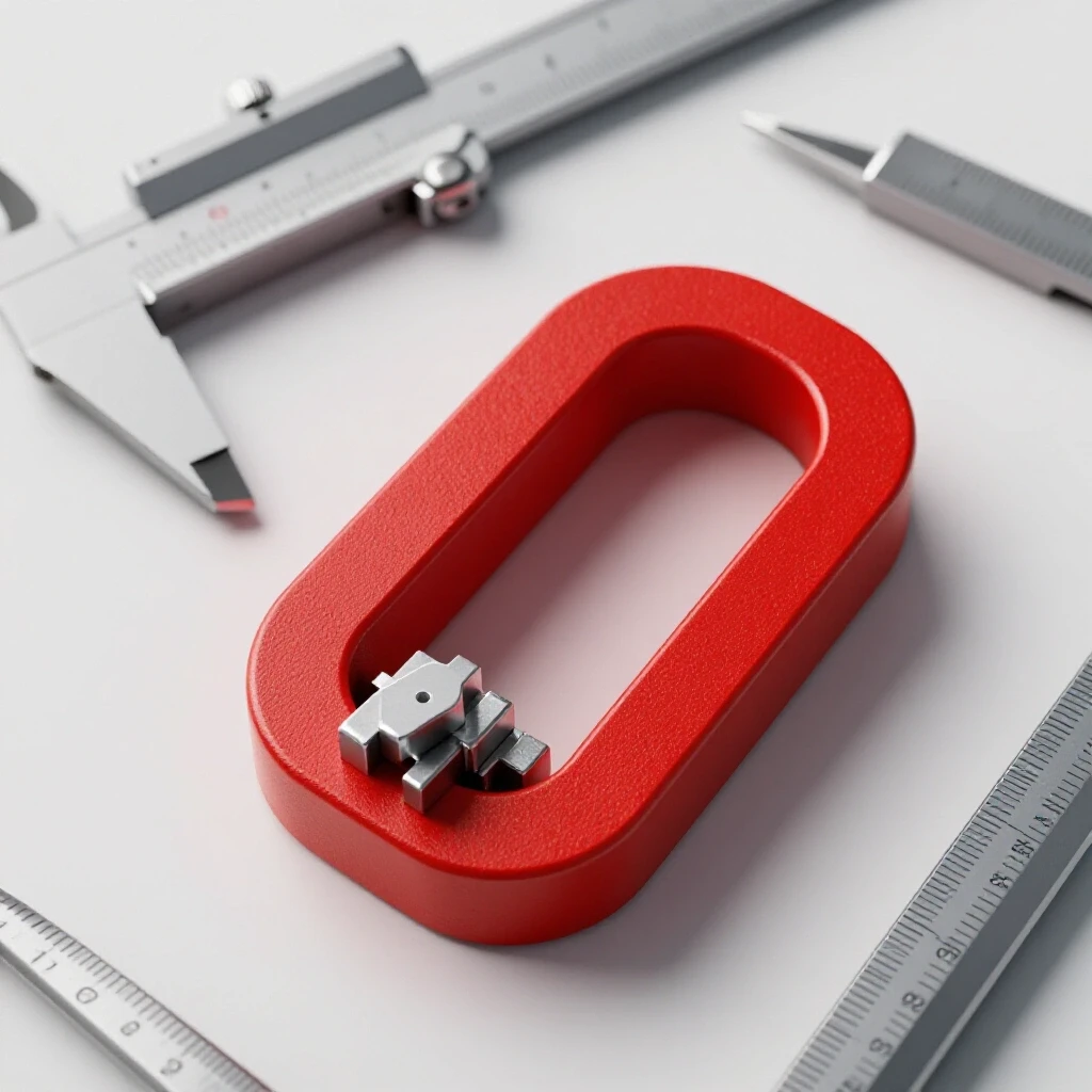 A bright red welding magnet holding metal pieces with a ruler and calipers in the background, showcasing precision.