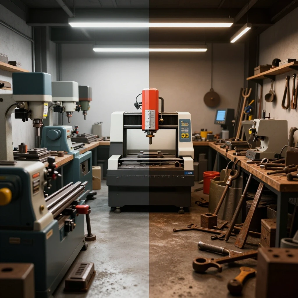 A contrasting image of a well-organized workshop with shiny machinery on one side and cluttered tools on the other, illustrating machinery resale value.