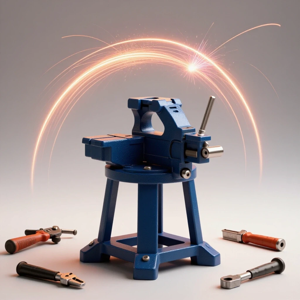 A robust bench vise pedestal stand illuminated by welding arcs, surrounded by tools and metal scraps in a brightly lit workshop scene.