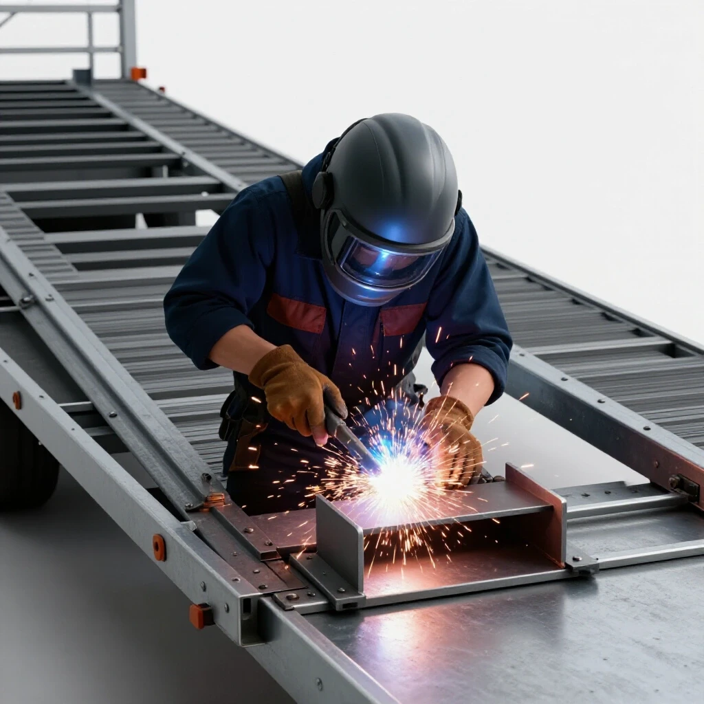 Hands welding a heavy-duty metal trailer ramp with flying sparks and a partially assembled ramp in the background.