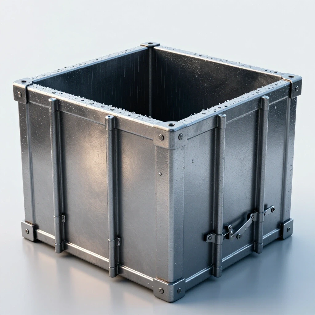 A shiny steel cargo box with rain droplets on its surface, showcasing durability and craftsmanship with welding sparks.