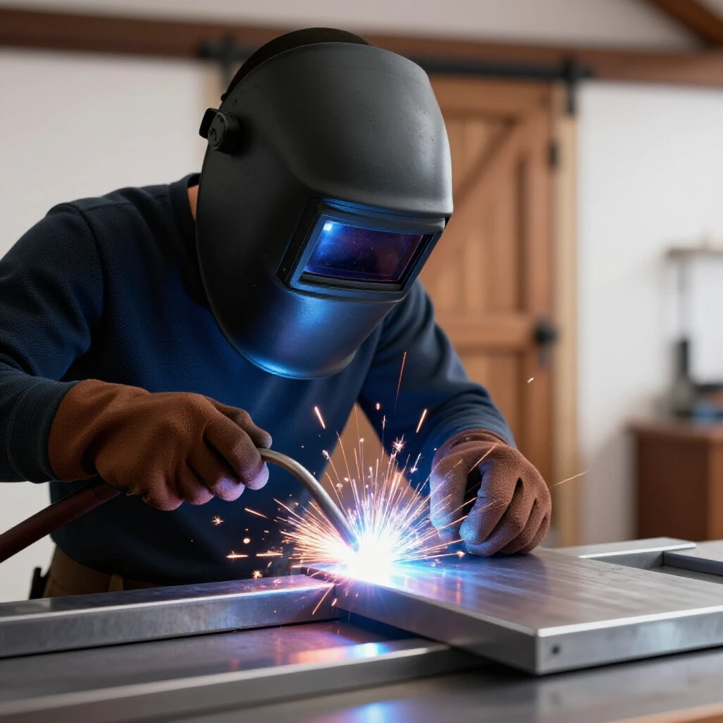 Close-up of a welder's hands aligning metal components with welding sparks, set against a blurred rustic barn door.