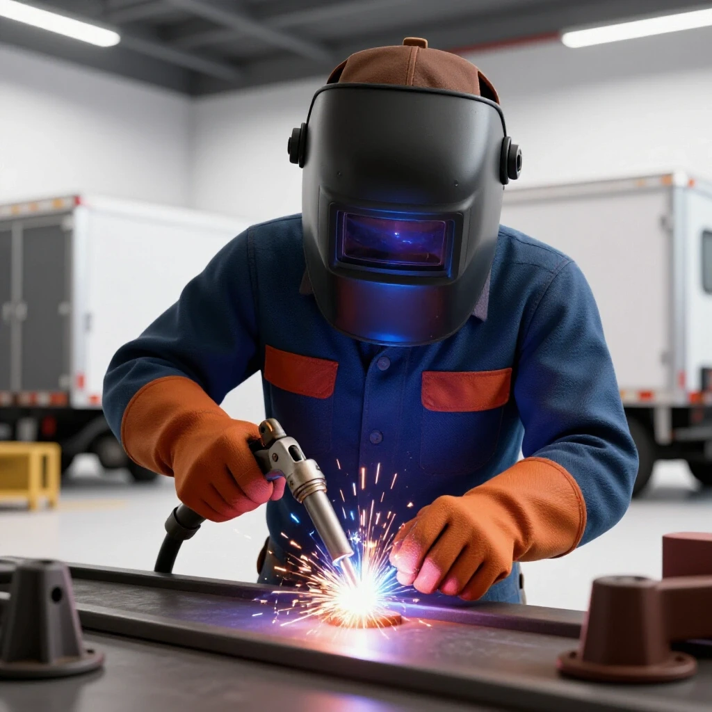 A welder's hands deftly operating a welding torch, with bright sparks flying, centered against robust anchor tie-down rails and a trailer.