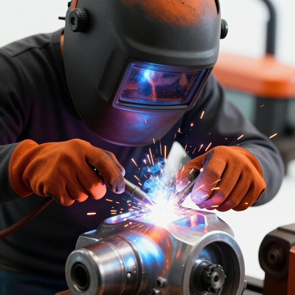 Close-up of welder's hands welding a shiny tractor part with sparks, showcasing vibrant colors and textures.