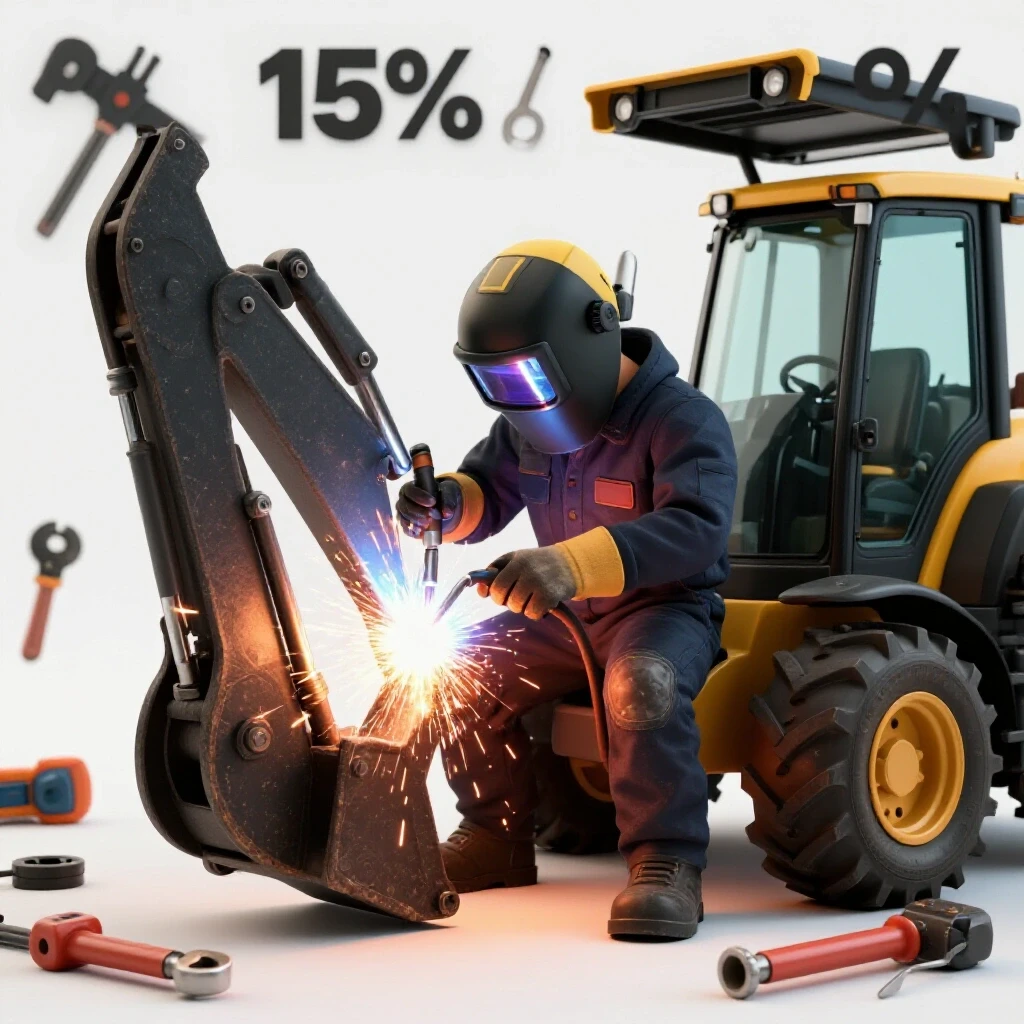 A close-up view of a welding torch and tools in action, sparks flying around a tractor loader arm under bright studio lighting.