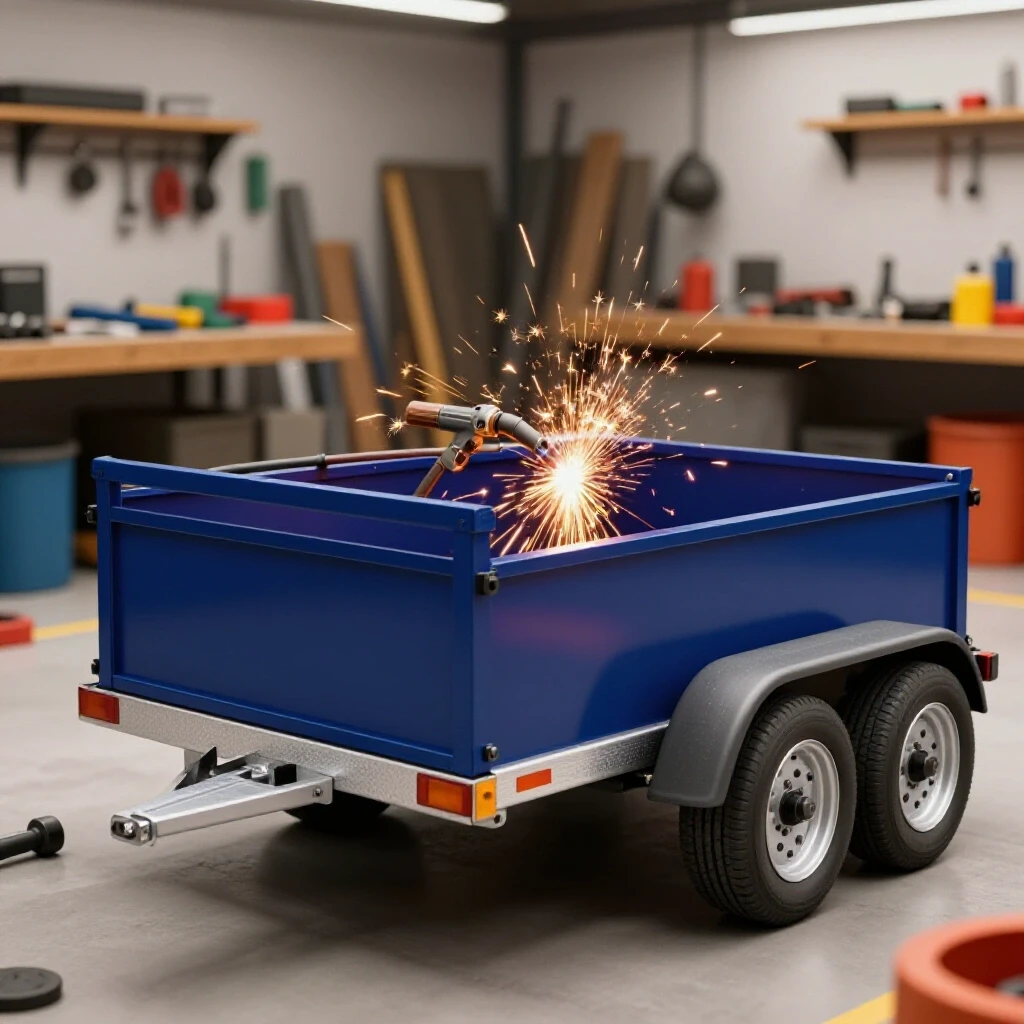 A partially assembled utility trailer with welding sparks flying in a bright workshop setting.