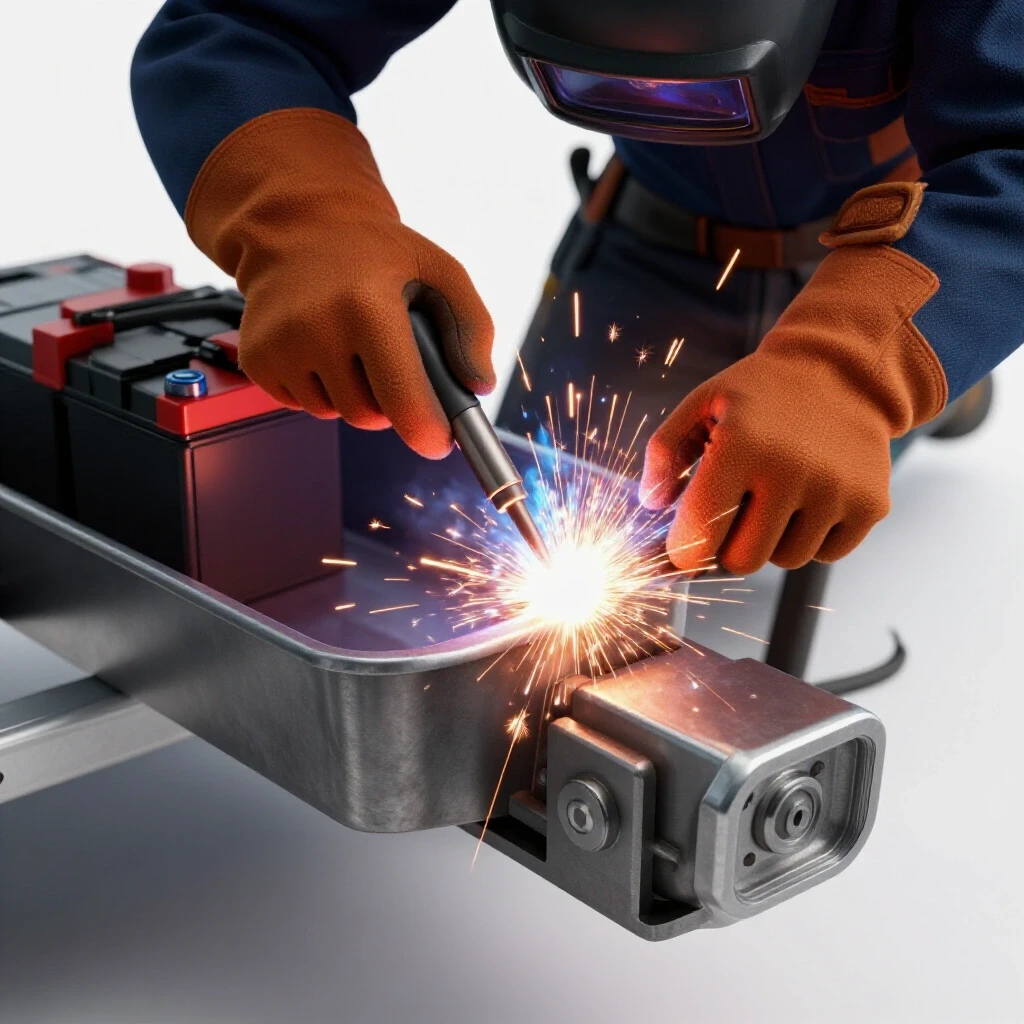 Close-up of a welder's hands attaching a battery tray to a trailer tongue, showcasing bright sparks and precision.