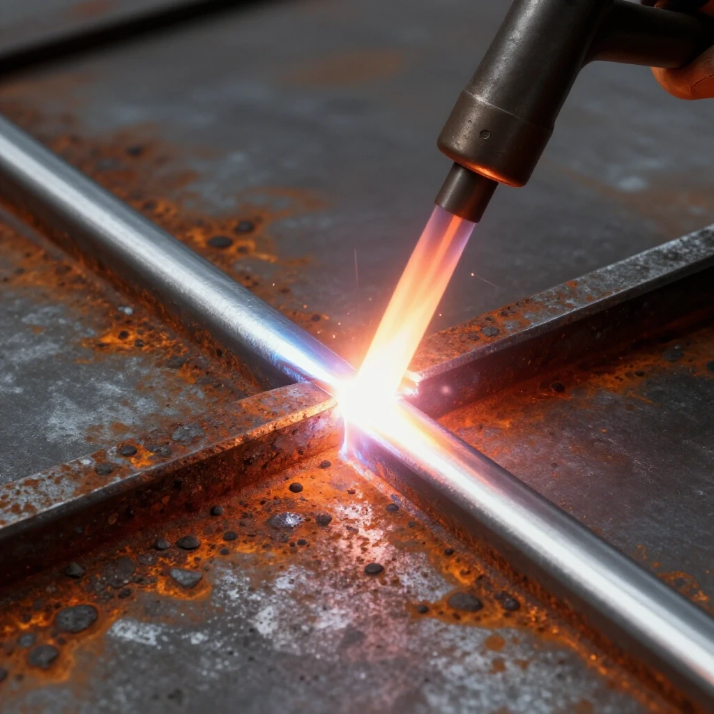 A close-up view of a welding torch illuminating rusty steel, showing a clean weld transition from dirt to shine.