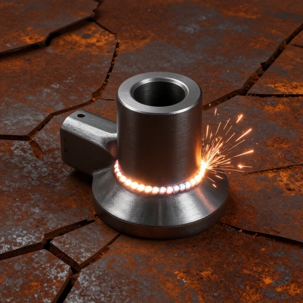 A shiny, well-welded cast iron part surrounded by cracked, rusty iron pieces, symbolizing successful welding techniques.