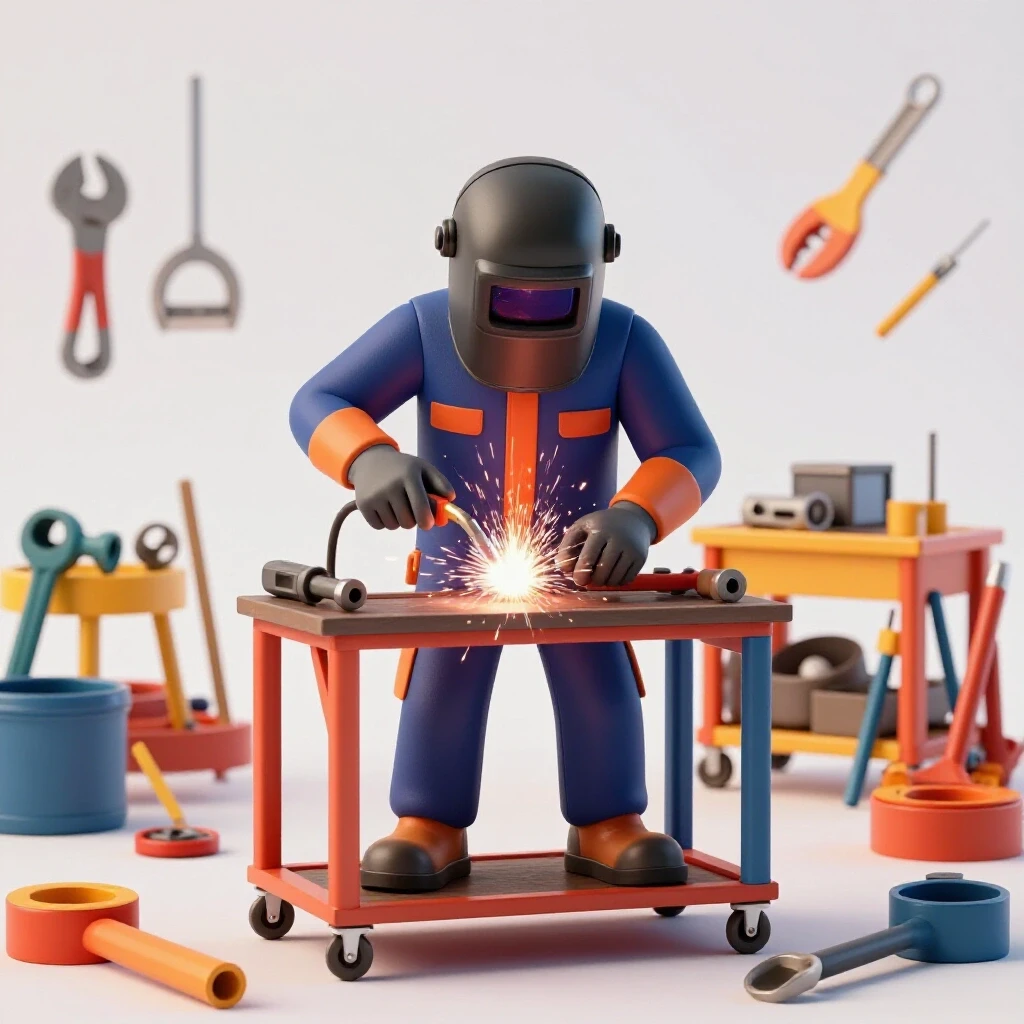 A dynamic scene of a welder in action with colorful tools and a mobile workstation, highlighting the DIY spirit.