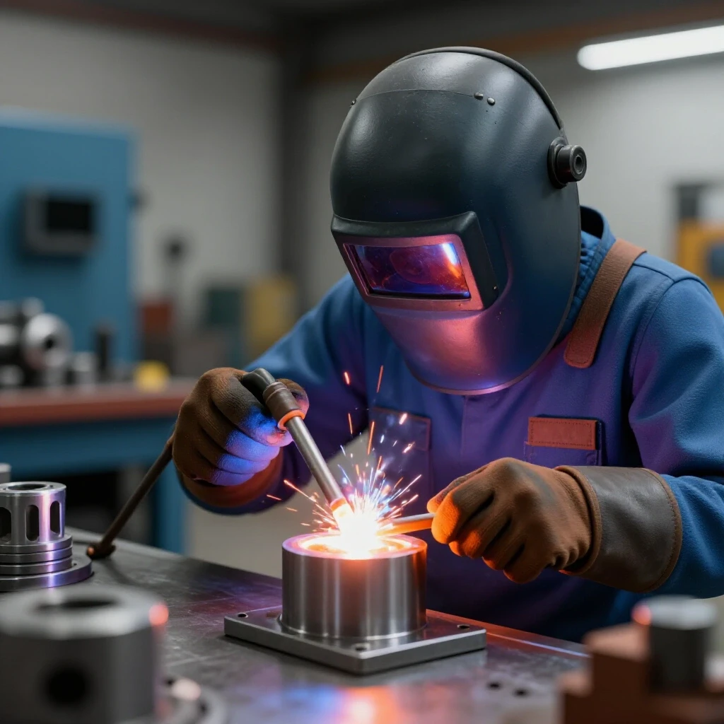Close-up of a welder's hands creating a glowing arc of molten steel with machine parts blurred in the background.