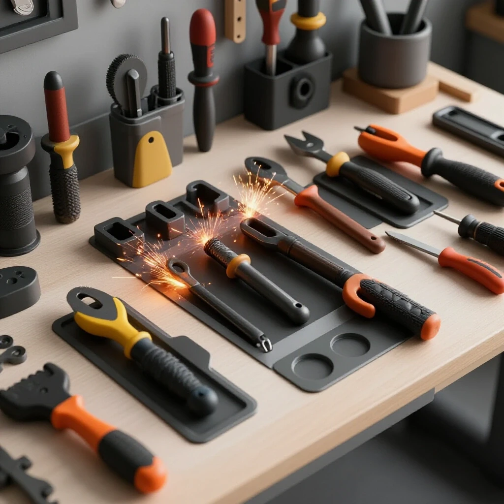 A polished workbench with organized tool holding slots and chaotic tools, highlighting DIY welding solutions.