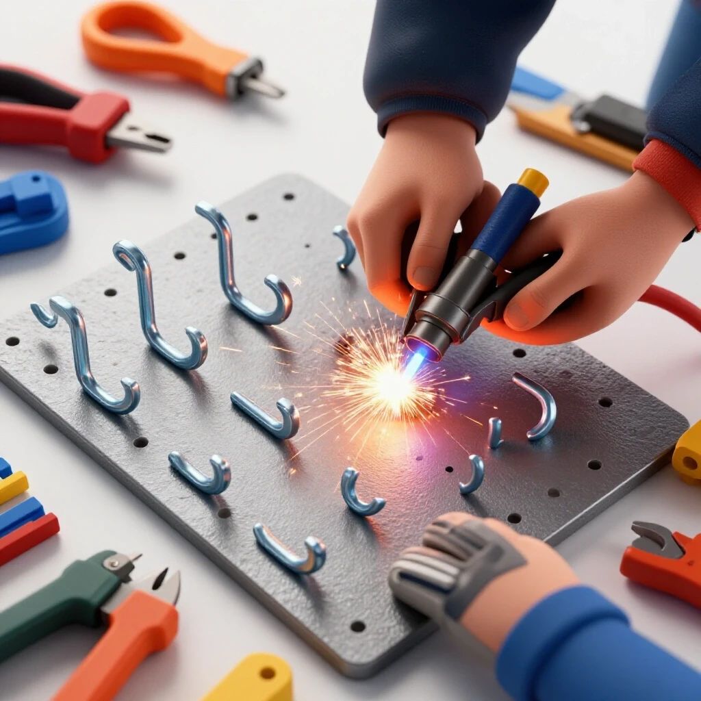 Close-up of a welder's hands crafting custom pegboard hooks, surrounded by vibrant tools and sparks in a workshop.