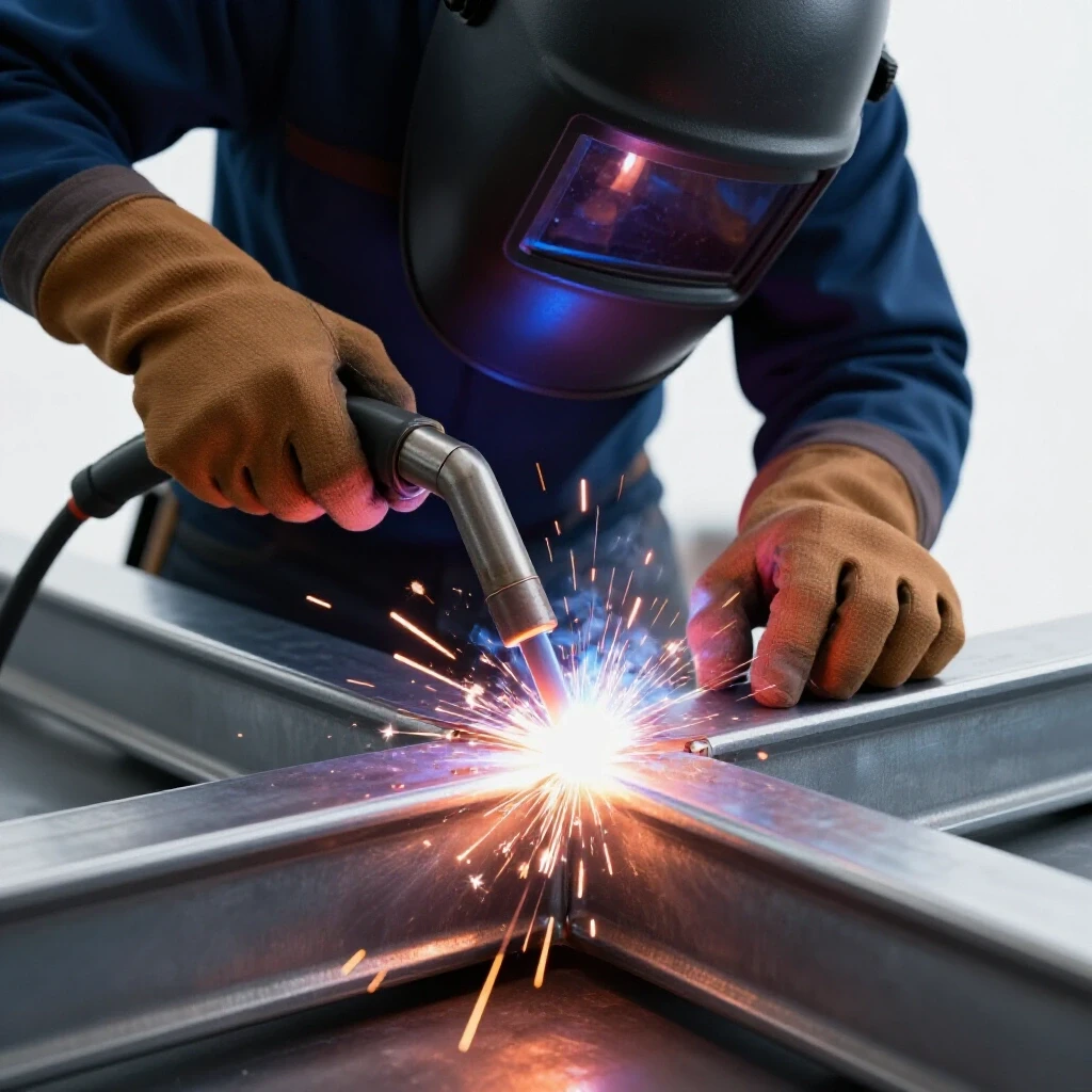 A welder's hands skillfully guiding a welding torch on a thick steel joint with sparks flying, emphasizing action and precision.