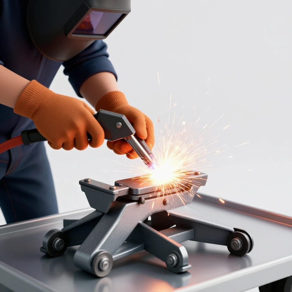 Welder's hands manipulating a heavy-duty adjustable trailer jack stand with sparks flying during the welding process.