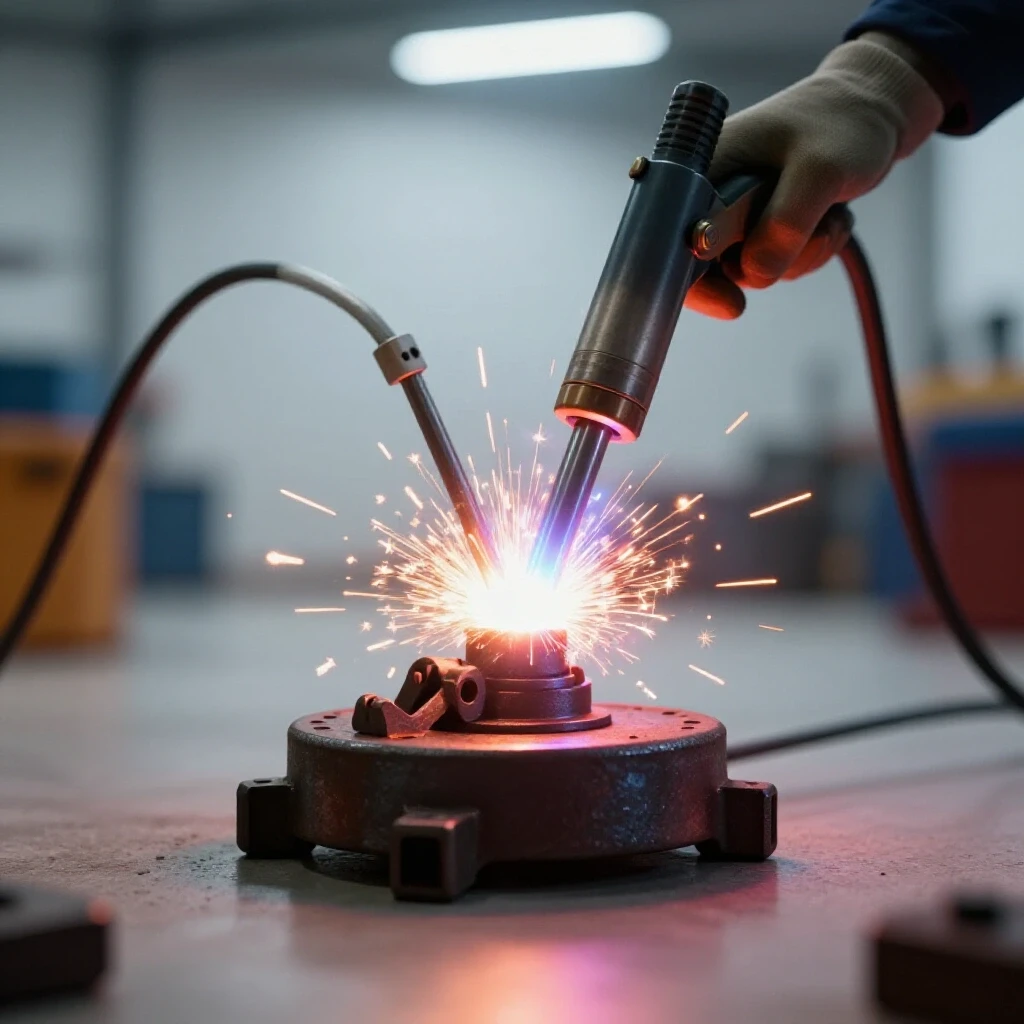 A welding torch emits sparks as it welds a heavy-duty caster base, showcasing the welding process in a bright workshop setting.