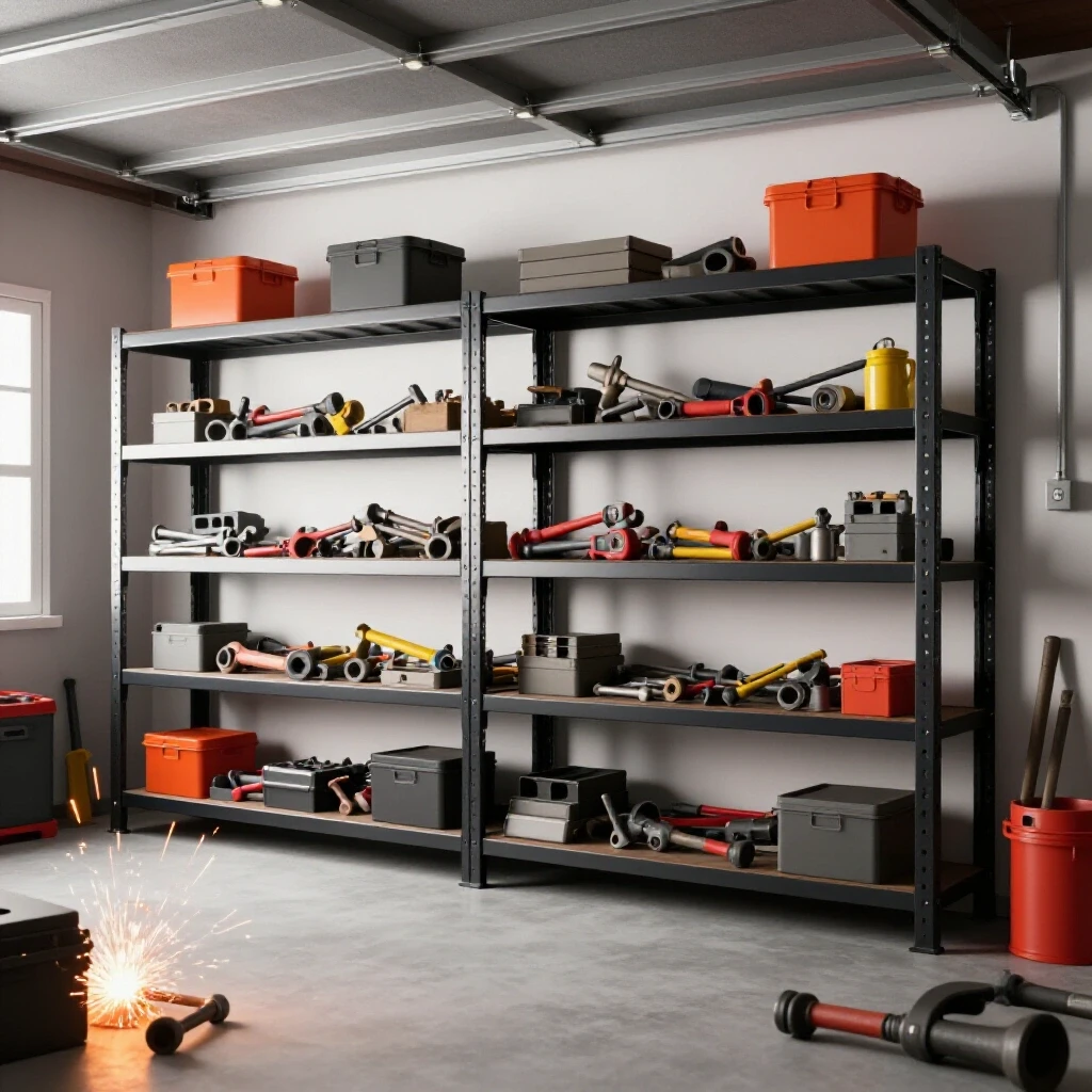 A well-organized garage with heavy-duty shelves filled with tools and scrap materials, evoking a DIY atmosphere.