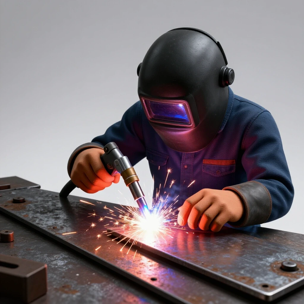 Close-up of a skilled welder's hands using a torch, with bright sparks against heavy-duty metal plates.
