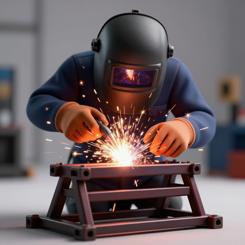 Close-up of a welder's hands creating sparks while constructing a small engine stand frame.