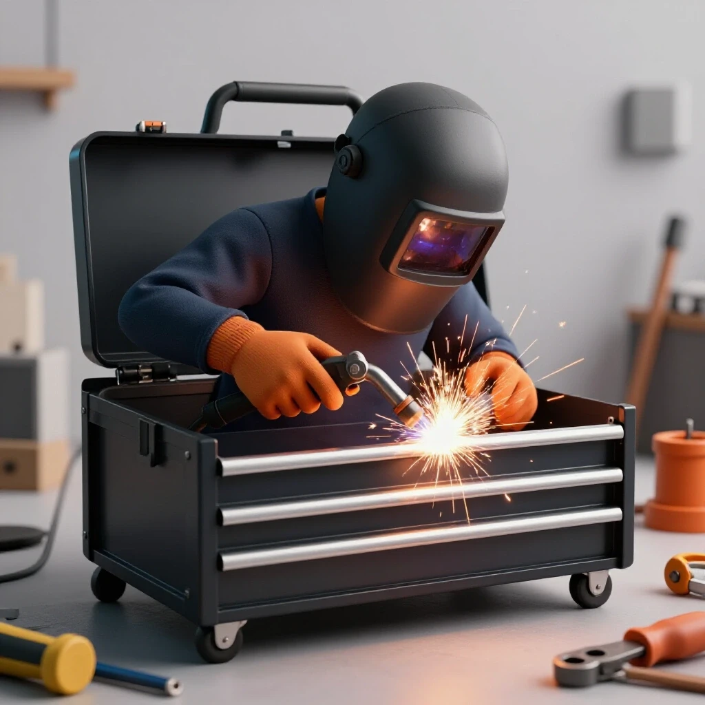 Close-up of a welder's hands using a torch on a steel toolbox, sparks flying in a bright workshop setting.