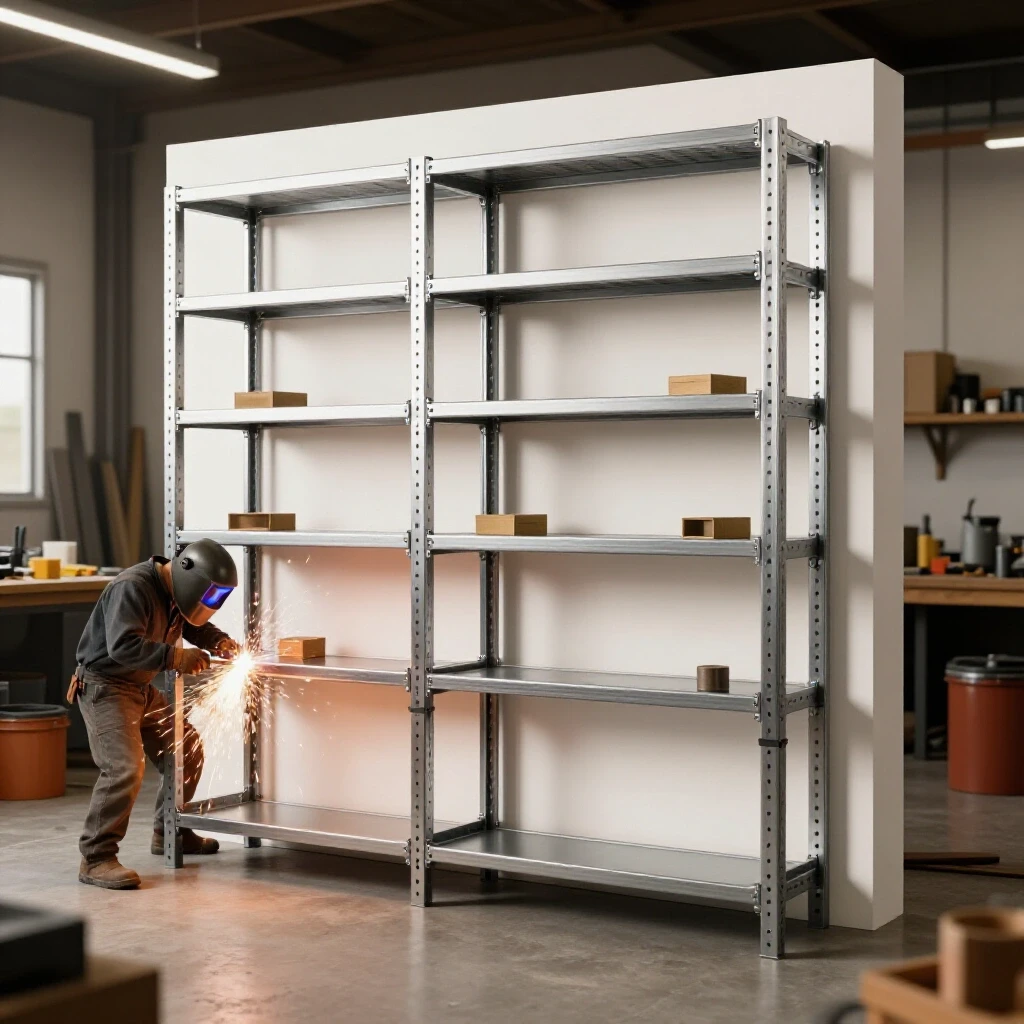 A half-assembled heavy-duty steel wall storage rack with sparks flying from a welding process in a bright workshop.