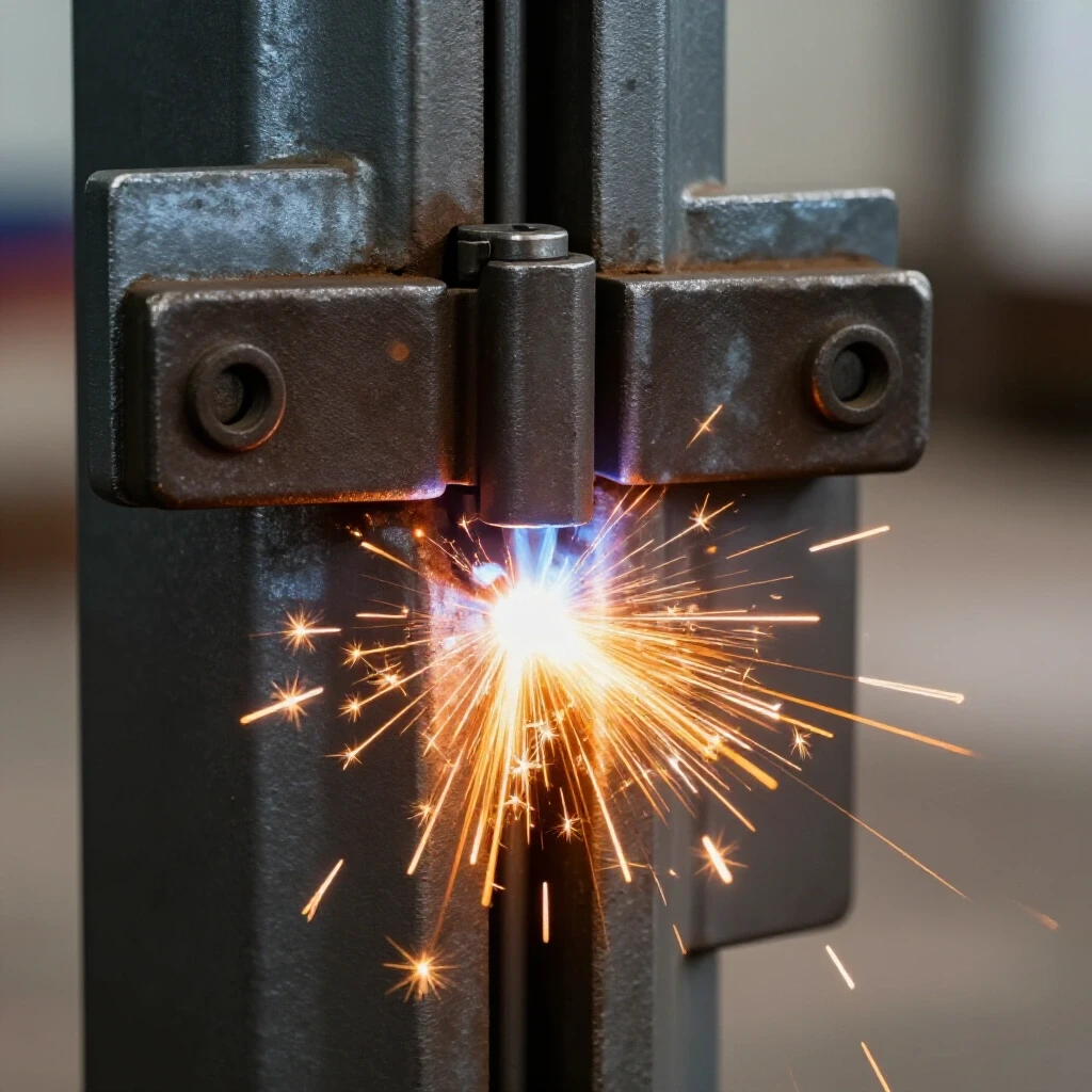 Close-up view of heavy-duty gate hinges being welded to a steel post, with dynamic welding sparks in the foreground.