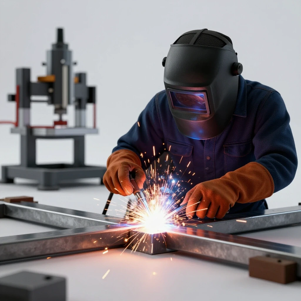 Close-up of a welder's hands welding metal pieces with sparks flying, with a blurred stand in the background.