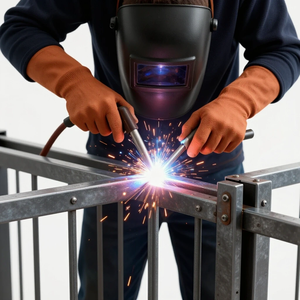 A close-up of a welder's hands welding heavy steel gates, with sparks flying against a bright background.