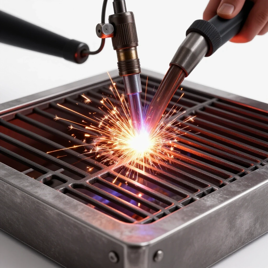 Glowing welding torch in action with flying sparks, center-focused steel fire pit cooking grate in foreground.