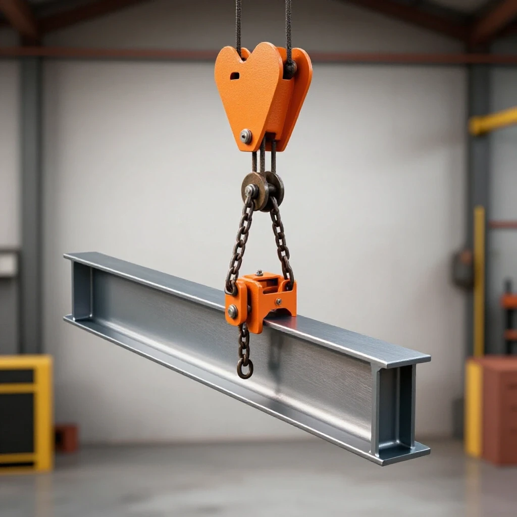 Close-up of a robust I-beam with a chain hoist trolley in action, showcasing metallic textures and workshop setting.